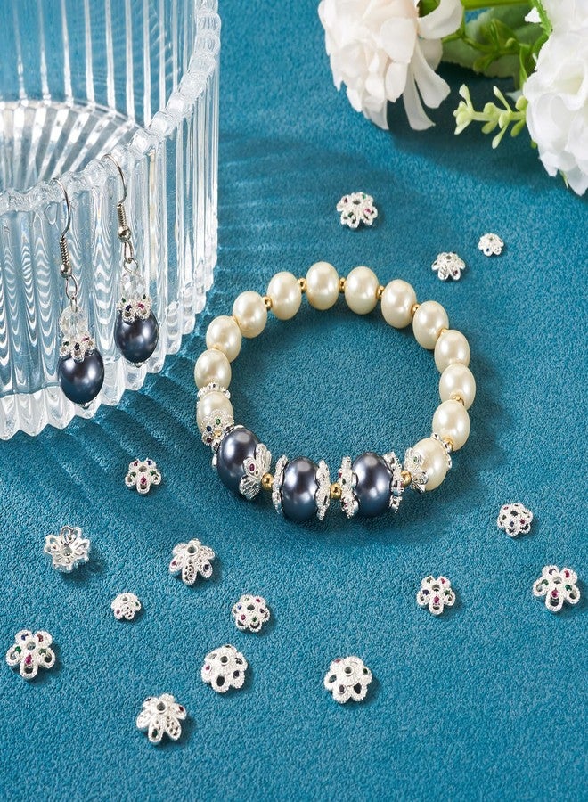 EEE ELECRELIVE Elecrelive 16Pcs Flower Bead Caps Silver Spacer Beads with Cubic Zirconia Stone Flower Cup Shape Bails End Charms for Necklace Bracelet Earring Jewelry Supplies - Image 3